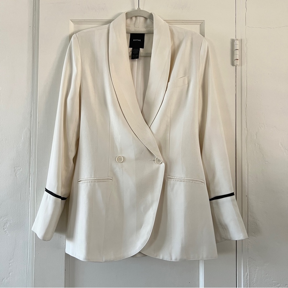 RARE Smythe tie waist white oversized tuxedo blazer black piping size 8